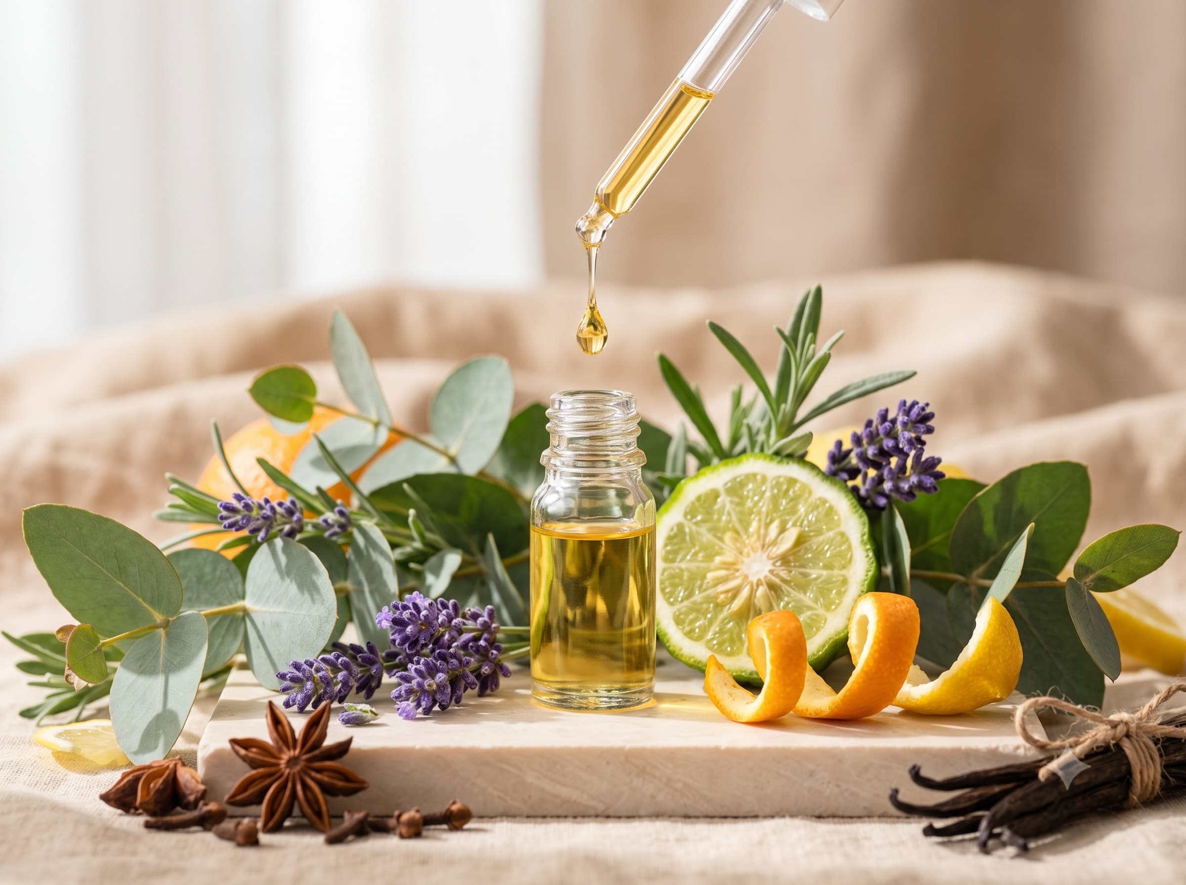 Drop of essential oil falling into a glass vial surrounded by lavender, eucalyptus and citrus